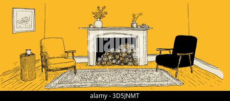 Eine Zeichnung eines Wohnzimmers mit Kamin und zwei Stühlen. Die Stühle sind schwarz und der Kamin ist in der Mitte des Zimmers Stock Vektor