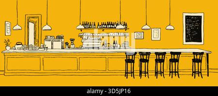 Ein gelber Balken mit einer Tafel an der Wand. Die Bar hat eine Theke mit ein paar Stühlen und ein paar Flaschen Stock Vektor