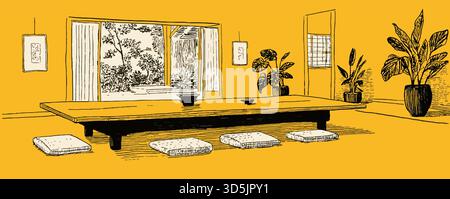 Eine Zeichnung eines Raumes mit einem langen Tisch und einem Fenster. Der Tisch ist mit Kissen und einer Schüssel bedeckt. Es gibt Topfpflanzen im Zimmer Stock Vektor