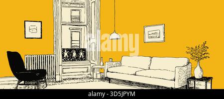 Ein gelbes Zimmer mit Sofa, Stuhl und Vase. Die Couch ist weiß und der Stuhl schwarz Stock Vektor