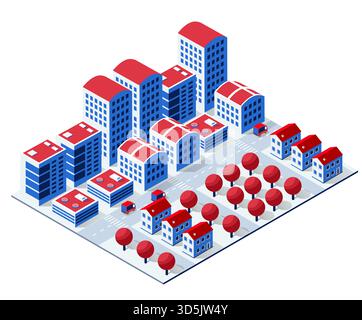 Isometrische urbane Szene mit Stadtarchitektur, Wohnhäusern und Geschäftsgebäuden mit Straßen und Bäumen Stock Vektor