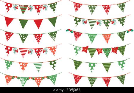 Weihnachtsvektor Dreieck Fahnen in grünen und roten Farben für Einladungen und Grußkarten Stock Vektor