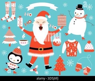 Niedliches Vektor-Set mit lachenden Weihnachtsmann, Pinguin, Schneemann und Winter- und Weihnachtselementen für grafisches Design Stock Vektor