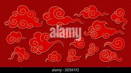 Set aus roten und goldenen asiatischen Strudelwolken. Hand gezeichnete himmlische Kritzelwolken auf Wellenmuster Hintergrund. Vektorabbildung Stock Vektor