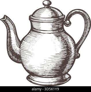 Vintage-Vektor-Illustration einer Teekanne im Tintenlinien-Art-Stil. Perfekt für Teeverpackungen, Küchendrucke, Café-Logos und gemütliche Cottagecore-Designs. Stock Vektor