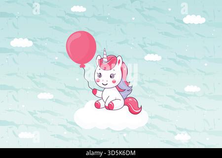 Niedliche Unicorn-Cartoon-Figur, die auf Wolke sitzt und Ballon hält. Stock Vektor