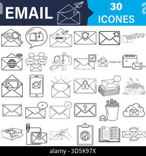 E-Mail- und Kommunikationsleitungssymbole gesetzt, verschiedene Nachrichtenkonzepte Vektor Stock Vektor