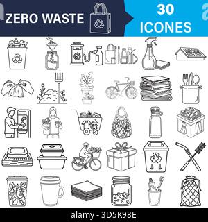 Zero Waste umweltfreundlicher nachhaltiger Lebensstil Konturen Symbole setzen Vektor Stock Vektor