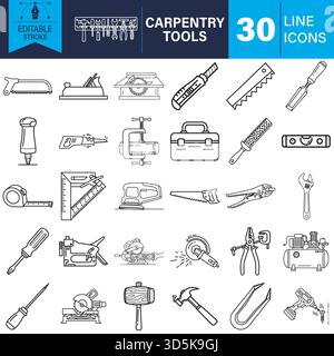 Symbole für Tischlerei und Holzbearbeitung: Sammlung der wichtigsten Werkzeuge Vektor Stock Vektor