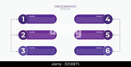 Moderne Infografik-Vorlage in sechs Schritten mit violetten Verlaufselementen, abgerundeten Formen und übersichtlichem Layout für Geschäftsprozesse, Zeitpläne, Präsentationen, Stock Vektor