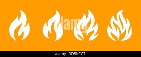 Set mit 4 weißen Flammensymbolen auf orangem Hintergrund. Vektor-Brandsymbole für Wärme, Energie, Gefahr, heißes Produkt und Sicherheitsdesign Stock Vektor