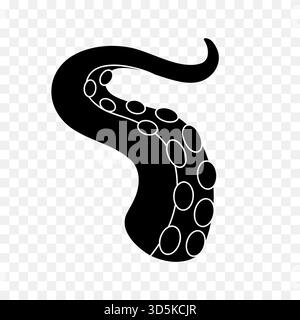 Gekrümmte schwarze Oktopustentakel mit Saugnäpfen. Nautische Vektorlinien für Tattoos, Meeresmonsterkunst, Meeresillustrationen und Fantasy-Themen Stock Vektor