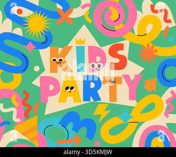 Kinderparty, Banner für Kinderveranstaltung. Lustiges farbenfrohes Kinderdesign. Handgezeichnete Kritzelei. Kinderbereich zur Unterhaltung. Einladungsbanner für Geburtstagsfeiern für Kinder. Flyer für Veranstaltungen für Kinder. Vektor Stock Vektor