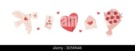 Valentinstag Love Elements Komposition mit Herzen, Blumen, Buchstaben und niedlichem Vogel Stock Vektor