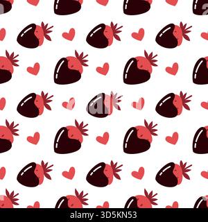 Nahtloses Valentinstag-Muster mit Schokoladenerdbeeren und Herzen Stock Vektor