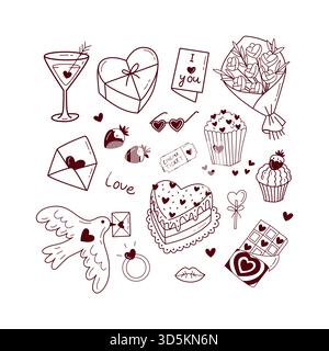 Handgezeichnetes Valentinstag-Doodle-Set mit Herzen, Geschenken, Süßigkeiten und romantischen Elementen Stock Vektor