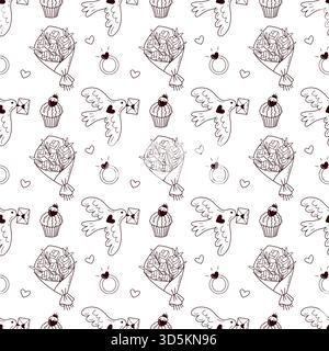 Nahtloses Valentinstag-Doodle-Muster mit Blumen, Vögeln, Ringen und romantischen Elementen Stock Vektor