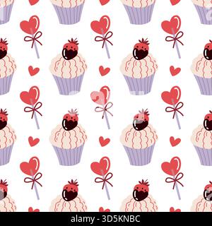 Nahtloses Valentinstag-Muster mit Cupcakes, Schokoladenerdbeeren und Herzlutschen Stock Vektor