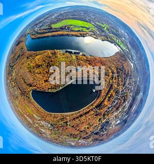 Luftbild, Ardeygebirge Wald und Hengsteysee, Köpchenwerk mit RWE Pumpspeicherbecken Herdecke, Blick nach Hagen-Boele, Bäume in Herbstfarben, Erdkugel, Fisheye Aufnahme, Fischaugen Aufnahme, 360 Grad Aufnahme, Tiny World, Little Planet, Fisheye Bild, , Herdecke, Ruhrgebiet, Nordrhein-Westfalen, Deutschland ACHTUNGxMINDESTHONORARx60xEURO *** Luftaufnahme, Ardeygebirge Wald und Hengsteysee, Köpchenwerk mit RWE Pumpspeicher Herdecke, Blick nach Hagen Boele, Bäume in Herbstfarben, Globus, Fischaugenbild, Fischaugenbild, 360 Grad Bild, winzige Welt, kleiner Planet, Fischaugenbild, Herdecke Stockfoto