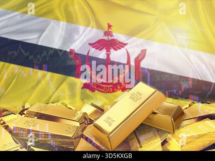 Goldbarren auf der Brunei-Flagge im Hintergrund. Goldbarren gestapelt auf der Bruneischen Flagge. Das Konzept der Brunei-Goldreserven Stockfoto