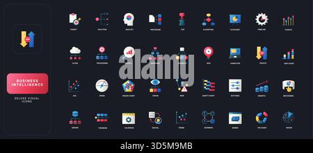 Symbole im flachen Stil des Verlaufs mit Business Intelligence, Analytics, Datenvisualisierung und digitalen Prozesselementen auf dunkler UI-Hintergrundvektorillustration. Stock Vektor
