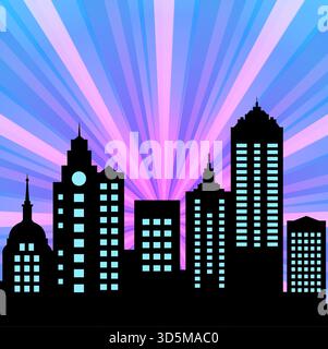 Die Silhouette der Stadt vor einem leuchtenden violetten und blau gestreiften Hintergrund mit Sonnenschein und beleuchteten Gebäudefenstern Stock Vektor