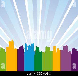 Die Silhouette der Stadt vor einem leuchtenden violetten und blau gestreiften Hintergrund mit Sonnenschein und beleuchteten Gebäudefenstern Stock Vektor