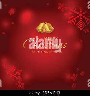 Goldene Weihnachten und Neujahr typographisch auf rotem Weihnachtshintergrund mit Requisiten, Licht, Sternen. Frohe Weihnachtskarte Stock Vektor