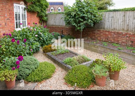 Kleiner Hüttengarten im Spätsommer mit Hochbeeten aus Eichenholz und harter Landschaftsgestaltung. Englische Gärten, Großbritannien Stockfoto