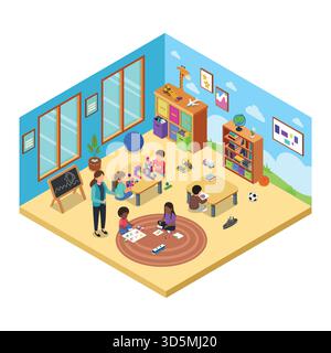 Eine Vektorillustration der Isometrie einer Kindergartenschule Stock Vektor
