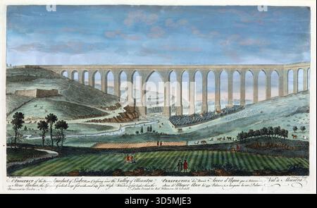 Ein gedruckter Farbstich der Aussicht auf das neue Aquädukt von Lissabon als Überquerung des Alcantra-Tals auf Steinbögen in Portugal Thomas Bowles Verlag Robert Wilkinson 18. Jahrhundert, historische Perspektive Landschaft Aquarell altes antikes Drucken historisches Wahrzeichen Gebäude Stockfoto