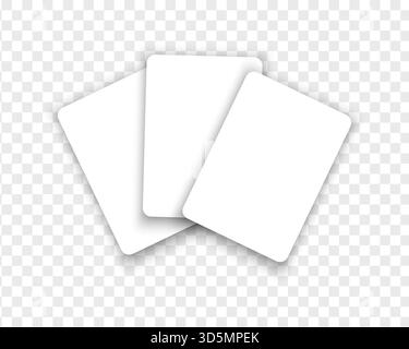 Drei leere weiße Spielkarten, isoliert auf transparentem Hintergrund. Playcard-Vorlagen. Rabatte, Geschenke oder Kreditkartenmodelle. Pokerspiel-Konzept. Realistische Vektordarstellung. Stock Vektor