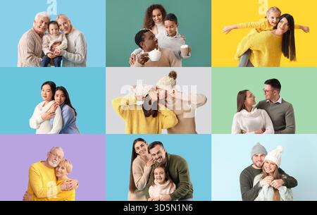 Gruppe von Familien in Winterpullover auf farbigem Hintergrund Stockfoto