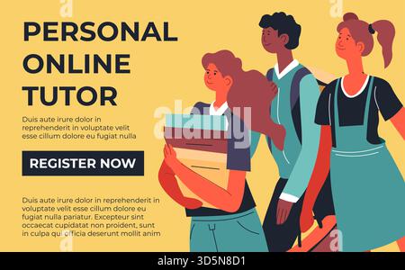 Kurse für Studenten und Erwachsene, persönlicher Tutor. Registrieren oder registrieren Sie sich über die Webseite. Erwerben von Wissen und neuen Fähigkeiten von zu Hause aus. Website-Banner oder onlin Stock Vektor