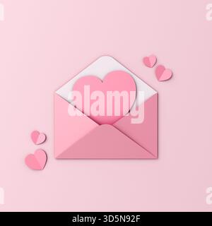 Creative Idea Love Letter Concepts unbeschriftete pinkfarbene Pappkarte in Herzform in rosa Umschlag und rosafarbene Origami-Herzen isoliert auf hellrosa pastellfarbener Rückseite Stockfoto