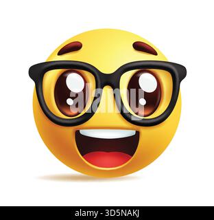 Emoji Nerd Emoticon Charakter Clipart. Nerd gelbes Emoji in Lachen, Happy, Lächeln, fröhlich und positiv Gesichtsausdruck Clip Art mit Brille Stock Vektor