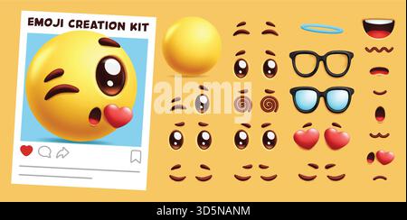 Emoji Love Creation Kit Clipart Set. Bearbeitbares Emoticon Emoji Creation Kit Clip Art mit Kopf, Augen, Mund, Sonnenbrille und Herz Chat Emoji Kollektion Stock Vektor