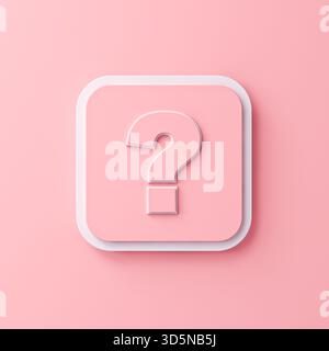 Minimales rosafarbenes Fragezeichen in Pastellfarbe auf rundem quadratischem Rahmen isoliert auf hellrosa Wandhintergrund mit Schatten-3D-Rendering Stockfoto