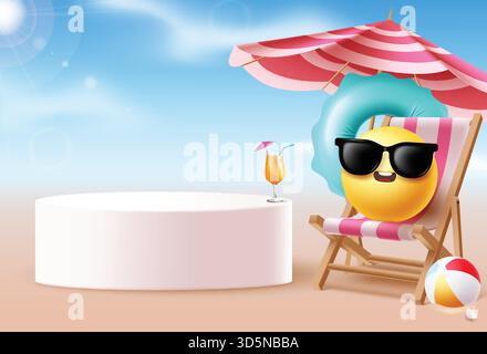 Weißes Podium-Design mit Clipart-Vorlage für den Sommer. Sommer Podium Clip Art für tropische Werbeaktionen mit Sonnenschirm, Stuhl, coolem Emoji Charakter Stock Vektor