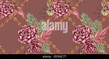 Burgunderrosen, Tannenzweige, Kegel, trockene Äste, getrocknete Blüten, Blätter und Ketten nahtlose Muster Aquarellillustration. Isoliertes Dunkelrosa, Anzug Stockfoto