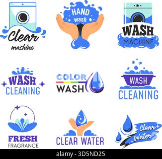 Wäscherei- und Waschmaschinenregimes Set mit isolierten Symbolen. Haushalt und Hygiene. Farbe und Handwäsche, frischer Duft. Werbebanner, Werbeaufkleber, Stock Vektor
