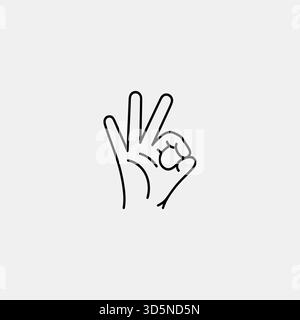 Eine einfache schwarz-weiße Linienzeichnung einer Hand, die das „OK“-Symbol bildet, mit drei nach oben gestreckten Fingern. Stock Vektor