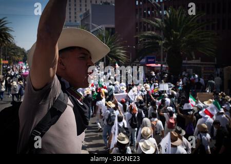 Mexiko-Stadt, Mexiko-Stadt, Mexiko. November 2025. Tausende füllten die Straßen von Mexiko-Stadt am 15. November, um Carlos Manzo zu ehren, den vor zwei Wochen ermordeten Bürgermeister von Uruapan. Ein friedlicher marsch verwandelte sich schnell in weit verbreitete Unruhen und Konfrontationen mit der Polizei. (Kreditbild: © Vaclav lang/ZUMA Press Wire) NUR REDAKTIONELLE VERWENDUNG! Nicht für kommerzielle ZWECKE! Stockfoto