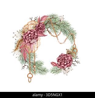 Kranz aus Burgunderrosen, Tannenzweigen, Kegeln, Ketten, Schlüssel, Hängegehäuse, Getriebe und Uhrenelemente. Aquarellillustration im Steampunk-Stil für Christma Stockfoto