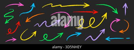 Pfeilstift Pastellstift Kreidefarbe Strichstrich. Sketch Kreide Pastellfarbe Bleistift Textur Linie Kind Spaß Pfeil Symbol. Handgezeichnete Grunge-Buntstift-Pinsel-Richtungselemente. Vektorabbildung Stock Vektor