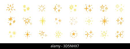 Handgezeichneter Stern, Hintergrund, Elementlinie, Symbolsatz. Niedliche goldene Sternform funkelnde Glitzer Glanzstift Textur Pinsel Symbol. Handgezeichnete Sketch-Kritzelei. Gelbe Kreide Dekoration Vektor Illustration Stock Vektor