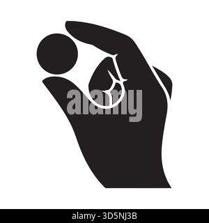 Eine schwarze Silhouette einer Hand, die ein kleines, dunkles, rundes Objekt zwischen Daumen und Zeigefinger hält. Der Hintergrund ist weiß. Stock Vektor
