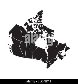 Die schwarze Silhouette der kanadischen Karte umreißt die Provinzen und Gebiete vor weißem Hintergrund und eignet sich ideal für grafische Gestaltung. Stock Vektor