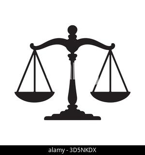Eine einfache, schwarze Silhouette einer traditionellen Balanceskala, die Gerechtigkeit, Recht und Fairness repräsentiert, isoliert auf weißem Hintergrund. Stock Vektor
