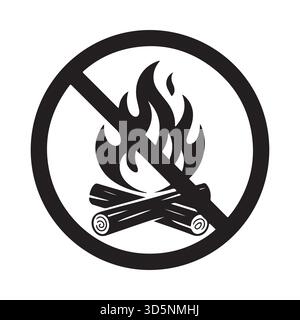 Ein schwarz-weißes Grafiksymbol, das anzeigt, dass Lagerfeuer verboten sind. Es zeigt ein durchgestrichenes Lagerfeuer-Symbol innerhalb eines Kreises. Stock Vektor